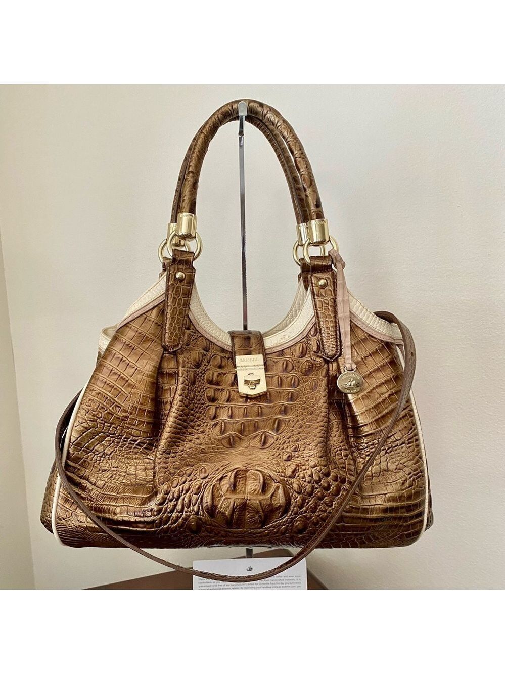 EUC Brahmin Elise Oak Primrose Croc Embossed Satchel Handbag Bronze Beige